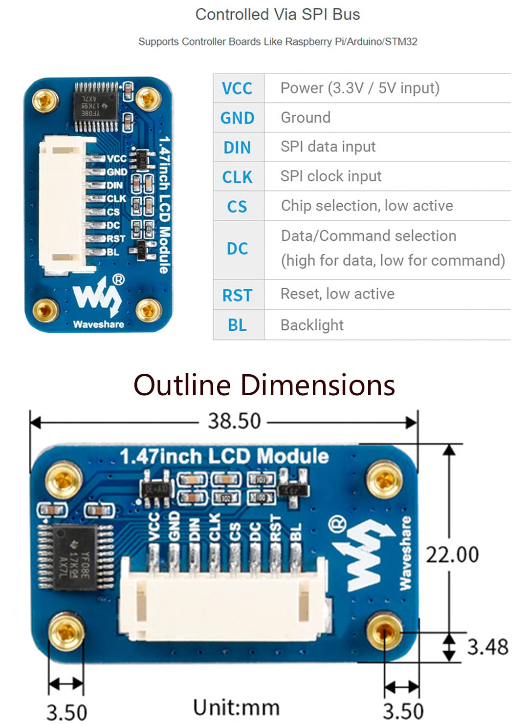 waveshare 1.47inch Round LCD Display Module for Arduin/Raspberry Pi/STM32, IPS Screen Monitor 172x320 Resolution,SPI Interface 262K RGB Colors, Clear and Colorful Displaying Effect