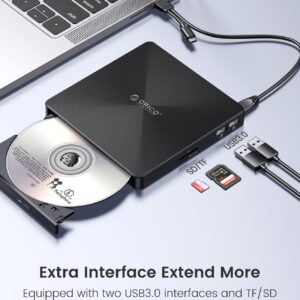 ORICO External CD DVD Drive for Laptop PC with USB Ports and TF/SD Card Slots Portable DVD Disc Drive Support M-DISC Compatible Windows Linux OS Mac System