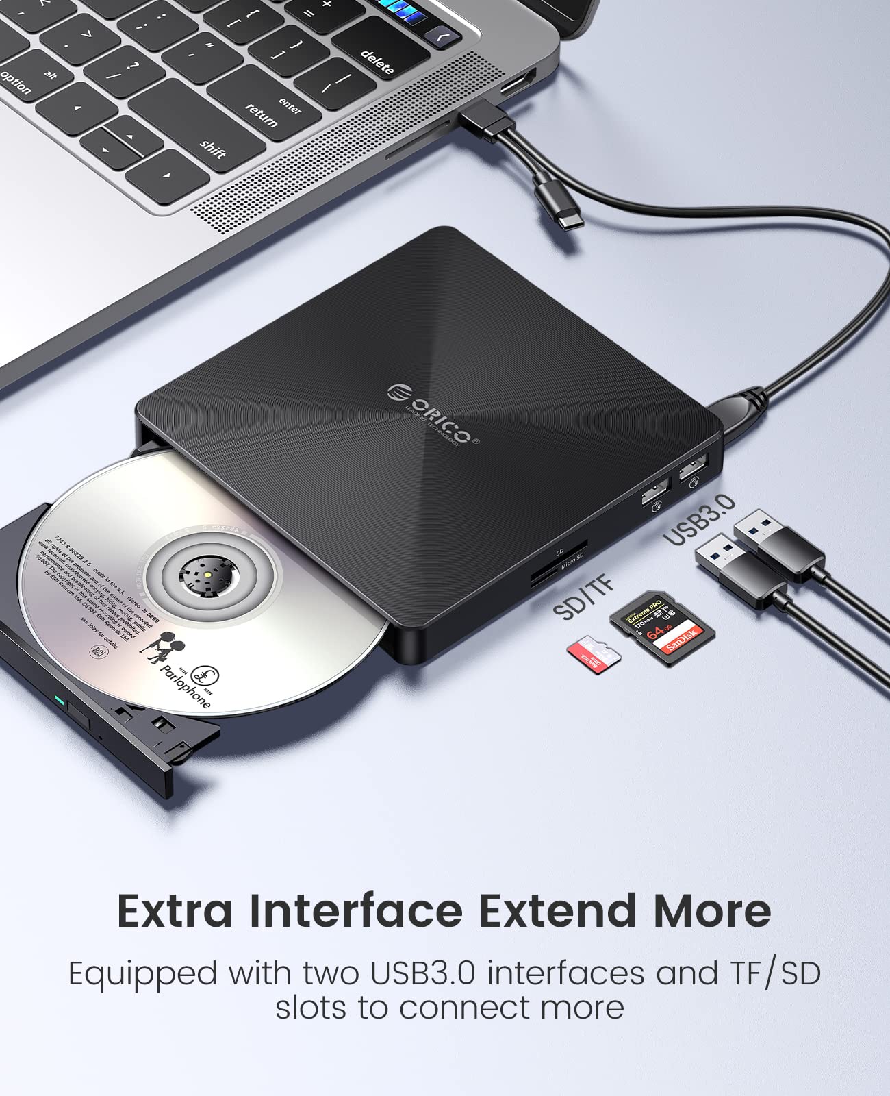 ORICO External CD DVD Drive for Laptop PC with USB Ports and TF/SD Card Slots Portable DVD Disc Drive Support M-DISC Compatible Windows Linux OS Mac System