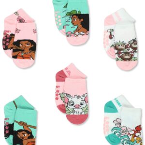 Disney Princess Moana Toddler Girls 6 Pack Quarter Style Socks with Grippers (Small (4-6), Blush)