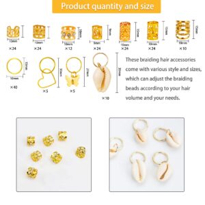 JALANCY 202 Pcs Hair Jewelry for Women Braids, Locs Jewelry Dreadlocks Beads Hair Braid Rings Hair Cuffs Shells Heart Butterfly Hair Pendants Hair Clips for Dreadlock Accessories (Gold)