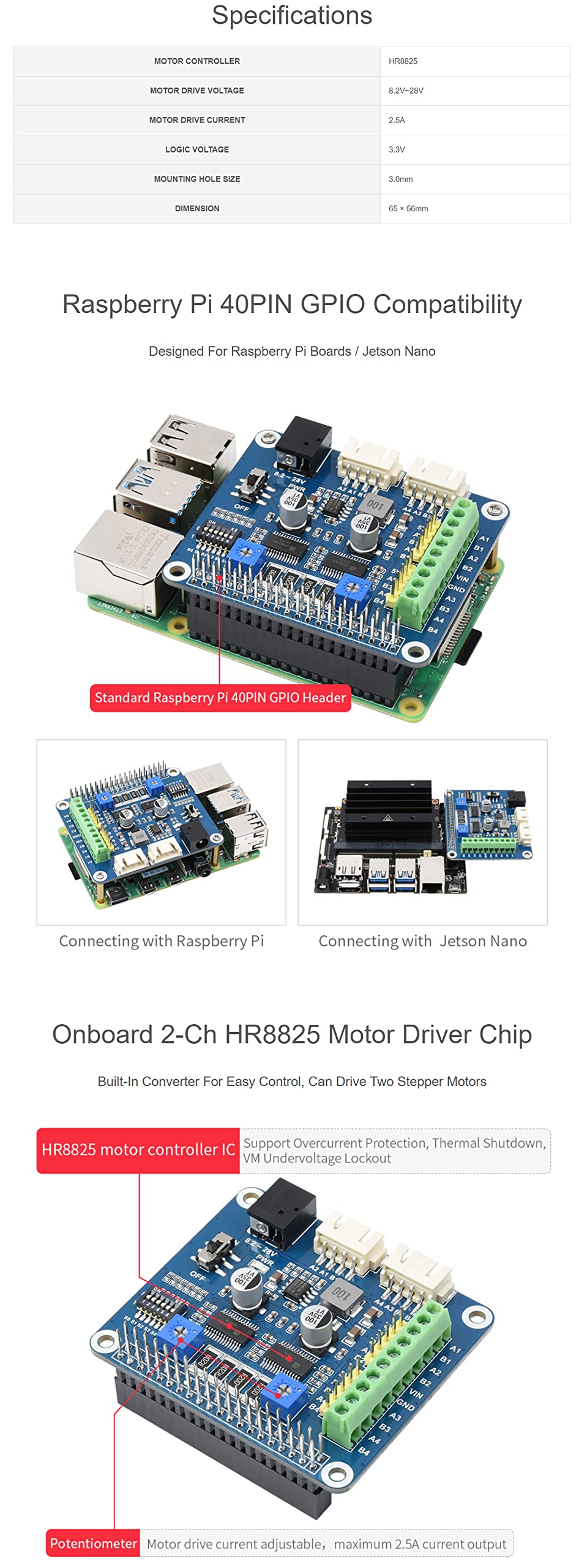 Coolwell HRB8825 Stepper Motor HAT Compatible Raspberry Pi Series Board/Jetson Nano, Drives Two Stepper Motors, 6 Available Microstepping Modes