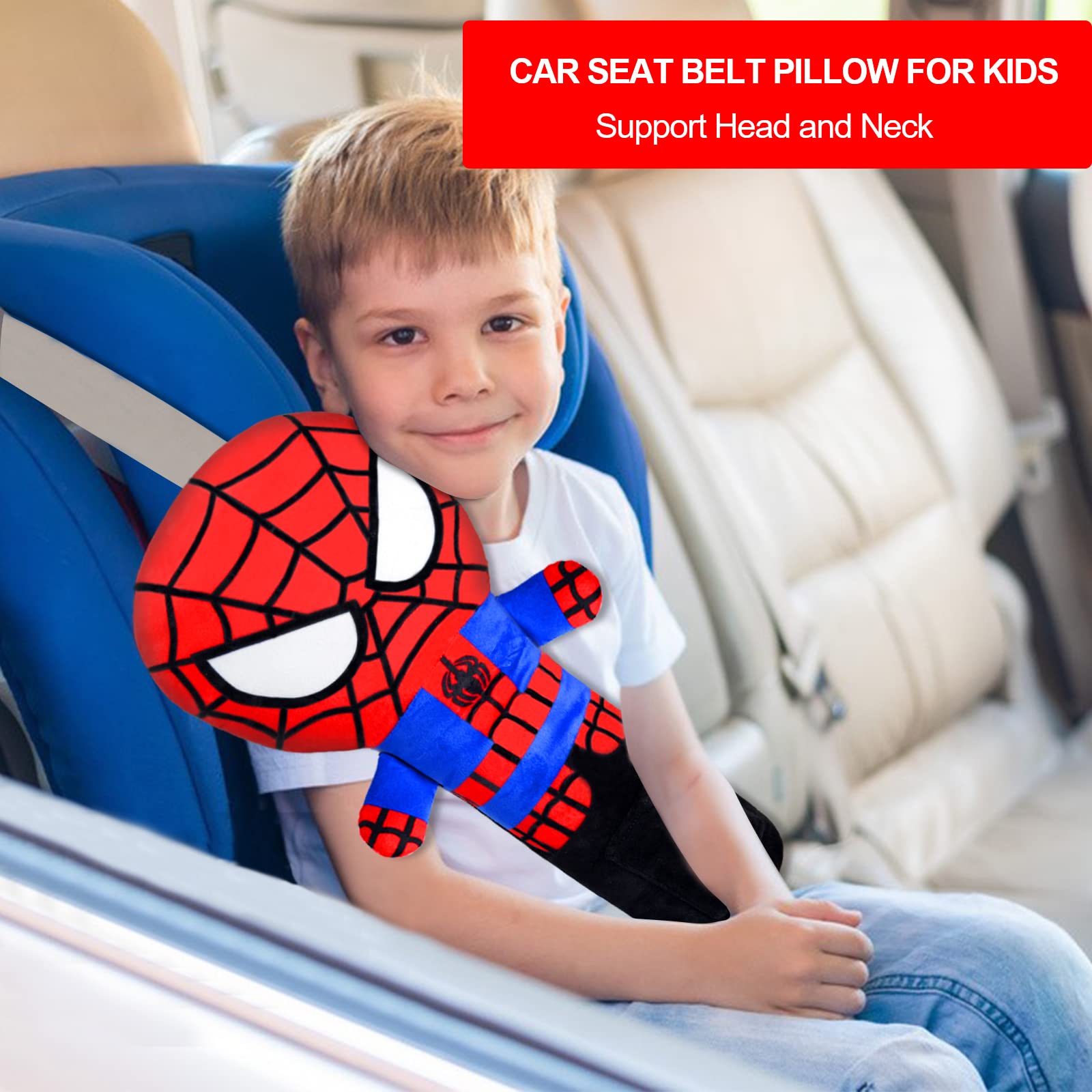 Seatbelt Pillow Cover for Kids, Stuffed Soft Plush Spidery Travel Pillow in Car, Detachable Protectors for Head Neck and Shoulder, Universal Carseat Strap Cushion Pads for Child Baby People Adults