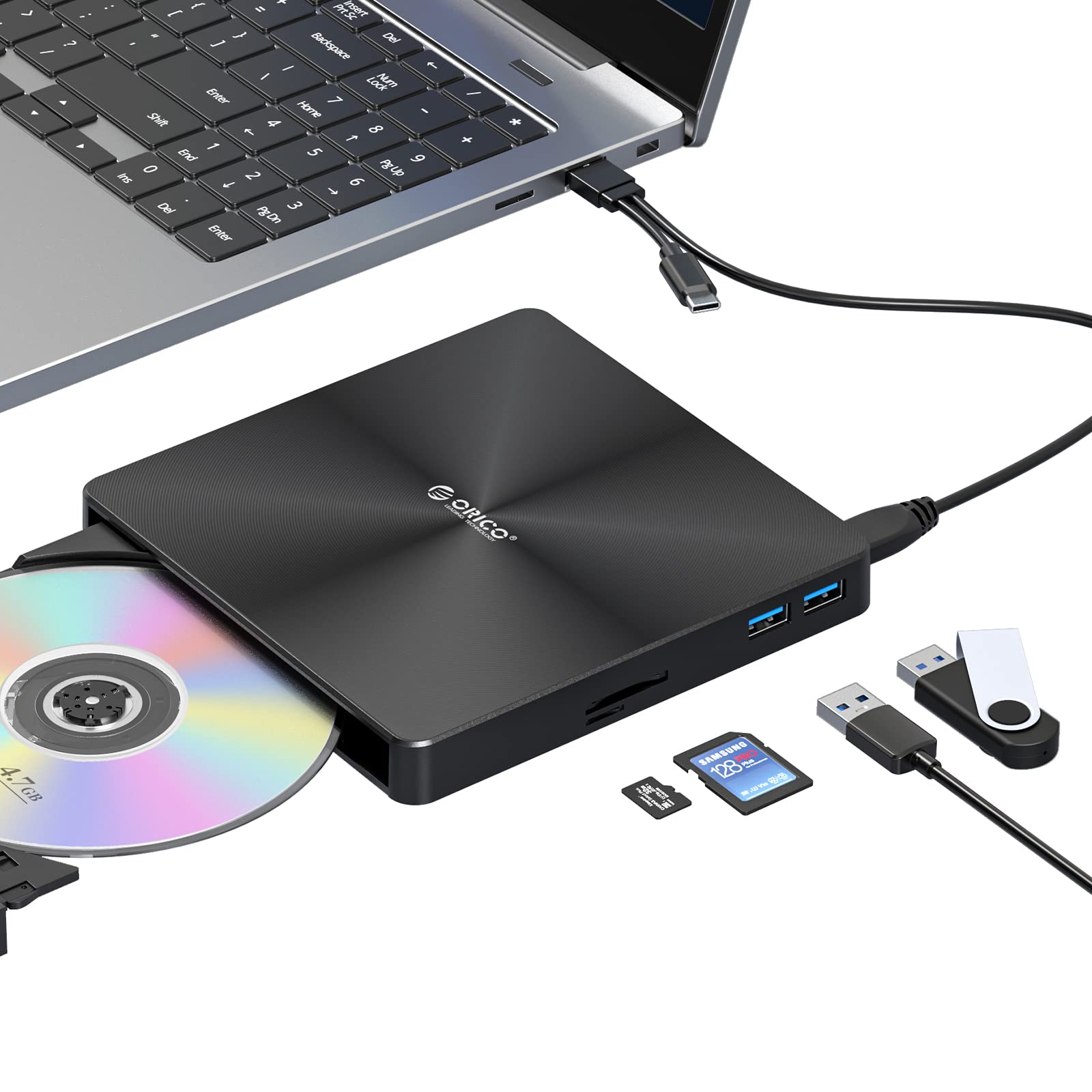 ORICO External CD DVD Drive for Laptop PC with USB Ports and TF/SD Card Slots Portable DVD Disc Drive Support M-DISC Compatible Windows Linux OS Mac System