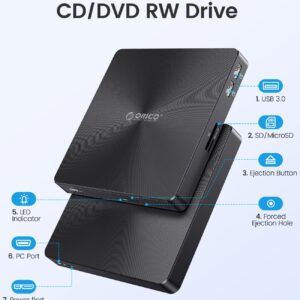 ORICO External CD DVD Drive for Laptop PC with USB Ports and TF/SD Card Slots Portable DVD Disc Drive Support M-DISC Compatible Windows Linux OS Mac System