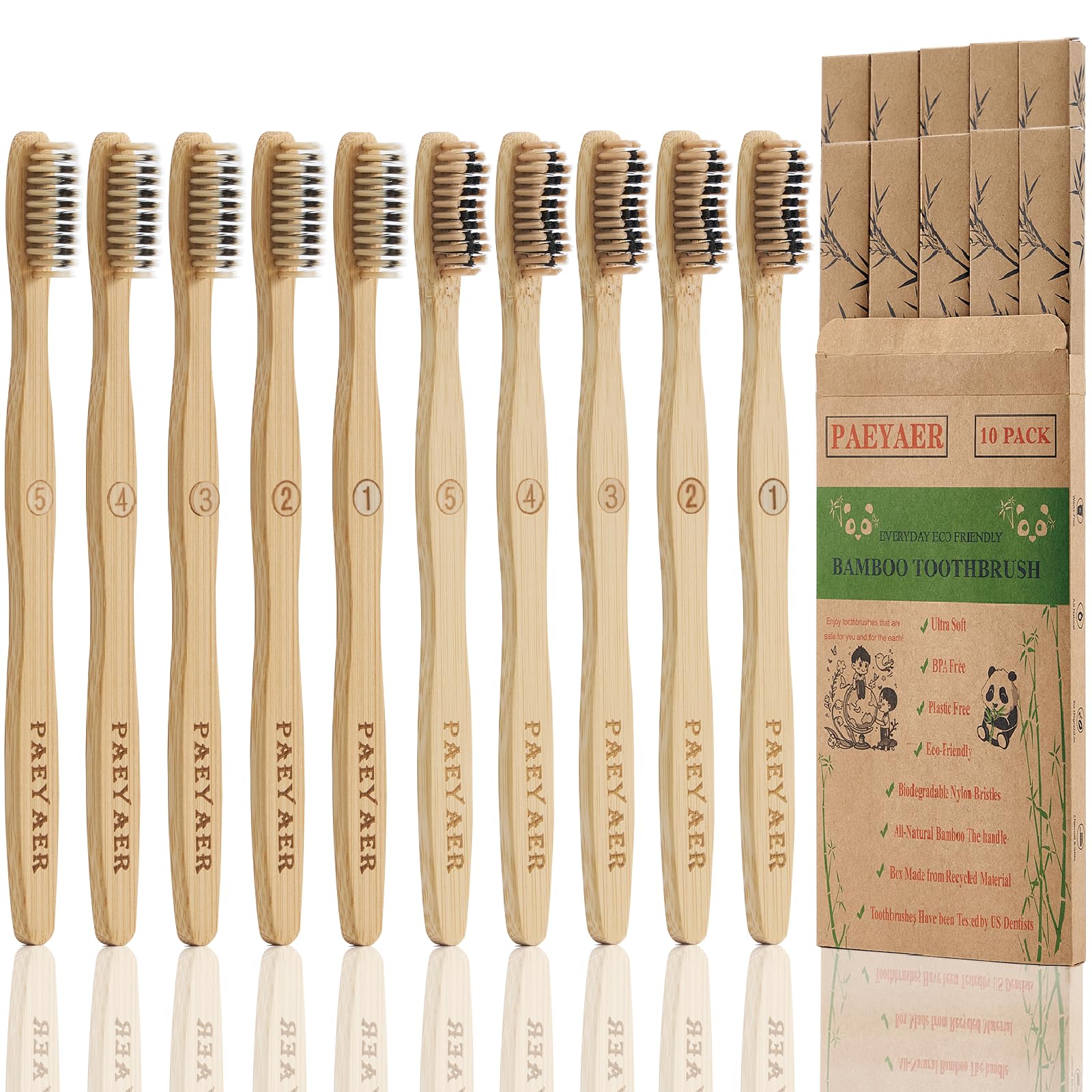 paeyaer 10 Count Bamboo Toothbrushes (Toothbrush Soft+Toothbrush Medium) Charcoal Toothbrushes - Natural Wood Toothbrushes Bulk, Reusable Travel Toothbrushes