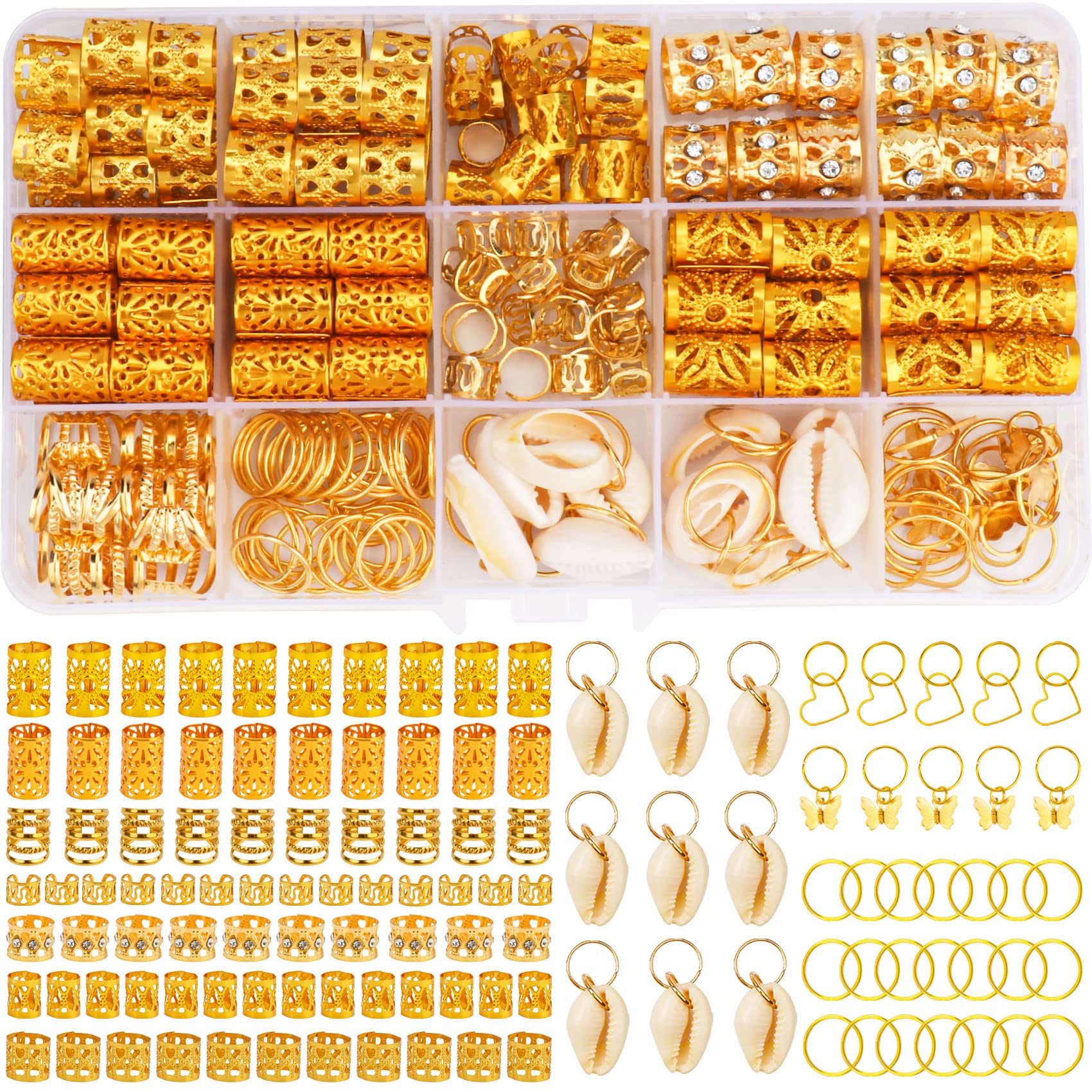 JALANCY 202 Pcs Hair Jewelry for Women Braids, Locs Jewelry Dreadlocks Beads Hair Braid Rings Hair Cuffs Shells Heart Butterfly Hair Pendants Hair Clips for Dreadlock Accessories (Gold)