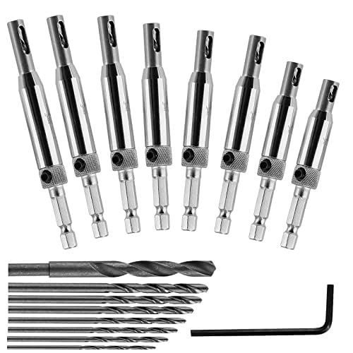 Aracombie 17pcs Self Centering Drill Bit Set for Metal Woodworking, 8 Sizes 1/4 Inch Hex Shank Vix-Bit Self-Centering Bits Hinge Centering Tool with Hex Key & 8 Replacement Drill Bits, 5/64-1/4 Inches