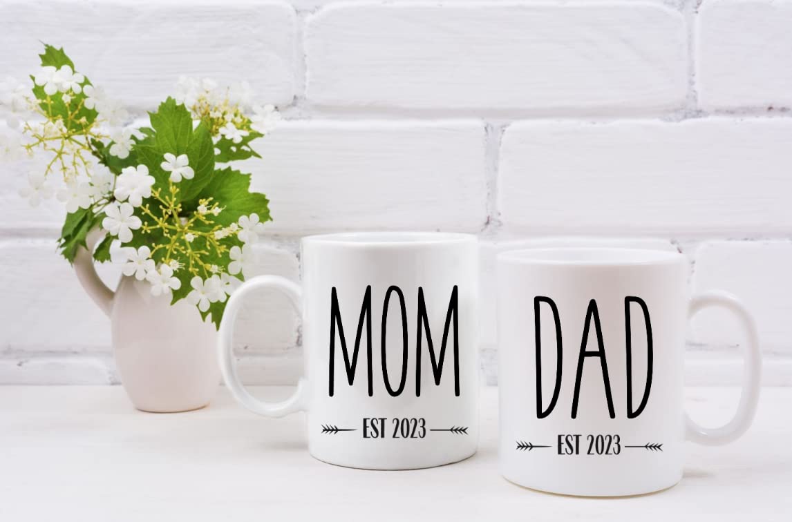 Tipit Drinkware Pregnancy Gift Est 2023-New Parents Gifts-Mommy and Daddy Est 2023 11 oz Mug Set -Adventure Awaits Romper (0-3M)-Top Mom and Dad Gift Set for Parents to Be New Mom Gifts for Women