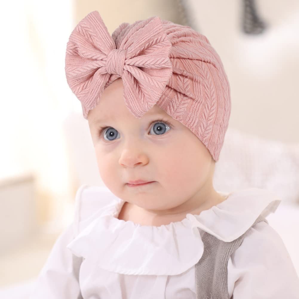 QandSweet 0-24 Months Newborn Girls' Hats Cotton and Linen Cap Infant Big Bow Hat Baby Shower (6 Pack)