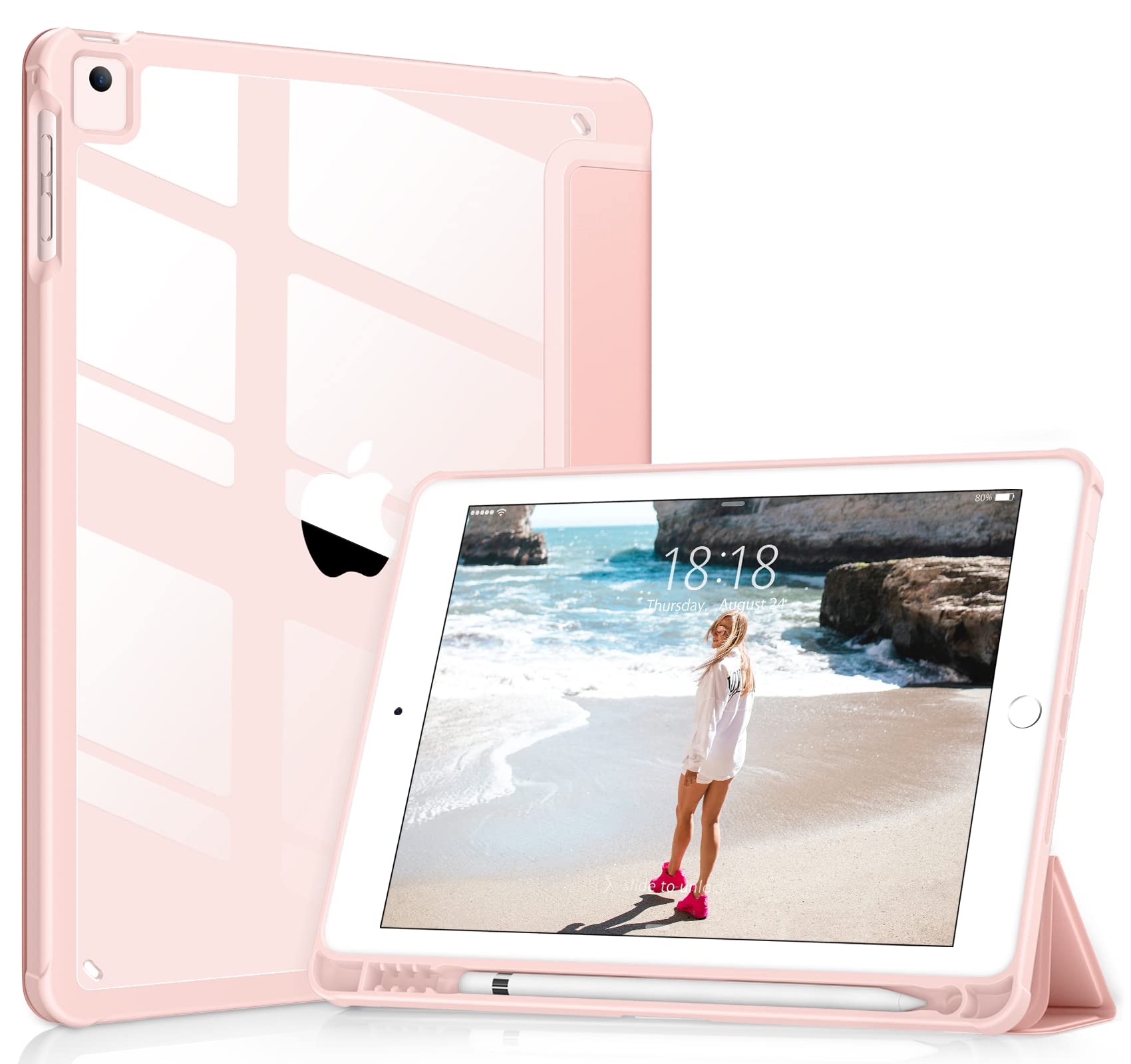 DTTOCASE for iPad 6th / 5th Generation 9.7 inch Case (2018/2017), iPad Air 2 & 1 (2014/2013) Case, Clear Back, Smart Cover [Built-in Pencil Holder, Auto Sleep/Wake] - Rose Gold