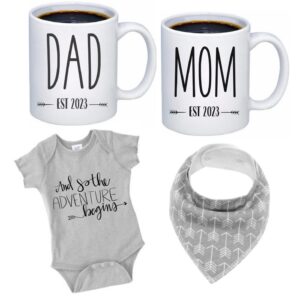 tipit drinkware pregnancy gift est 2023-new parents gifts-mommy and daddy est 2023 11 oz mug set -adventure awaits romper (0-3m)-top mom and dad gift set for parents to be new mom gifts for women