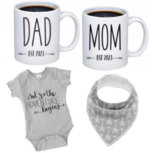 Tipit Drinkware Pregnancy Gift Est 2023-New Parents Gifts-Mommy and Daddy Est 2023 11 oz Mug Set -Adventure Awaits Romper (0-3M)-Top Mom and Dad Gift Set for Parents to Be New Mom Gifts for Women