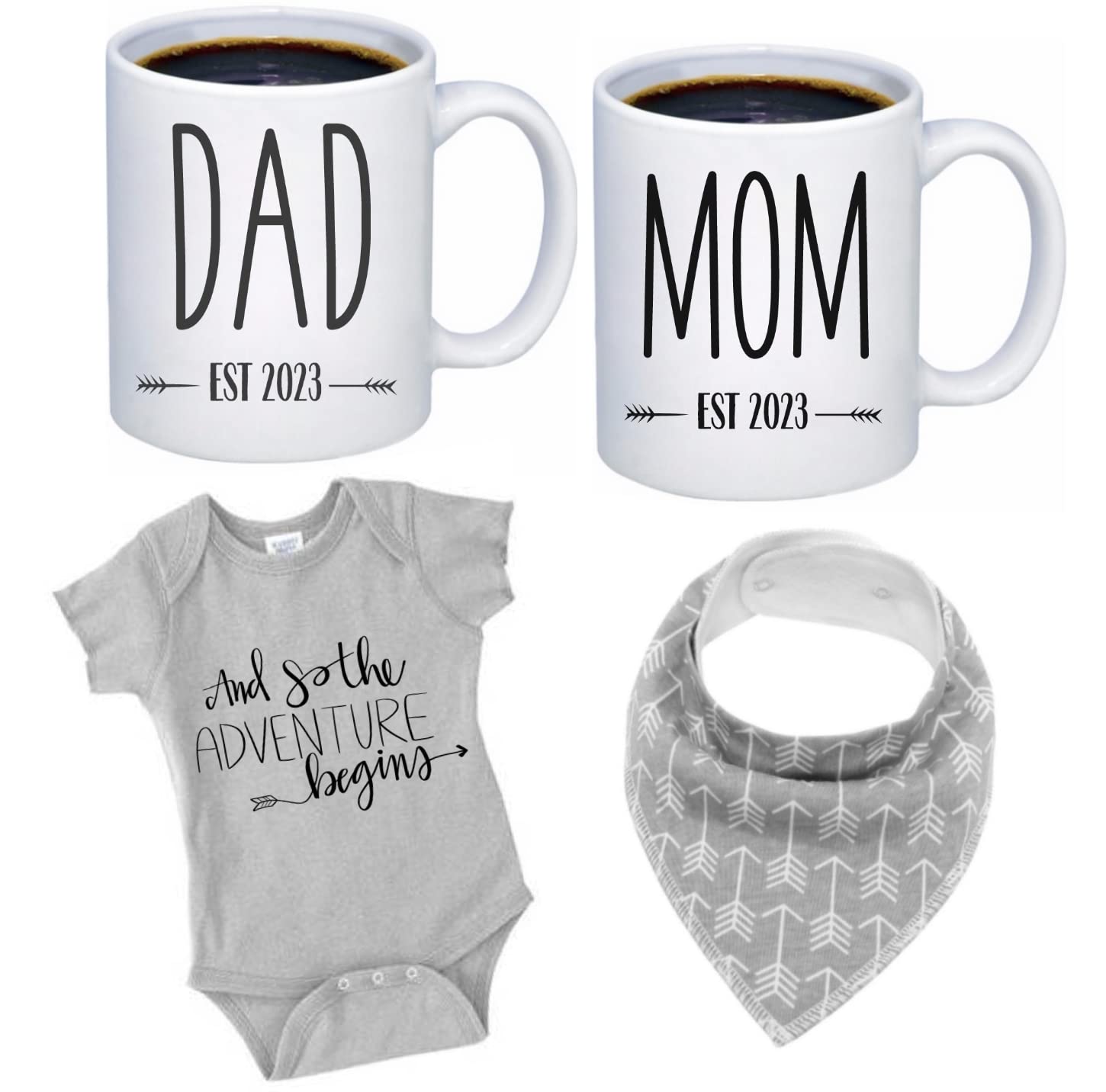 Tipit Drinkware Pregnancy Gift Est 2023-New Parents Gifts-Mommy and Daddy Est 2023 11 oz Mug Set -Adventure Awaits Romper (0-3M)-Top Mom and Dad Gift Set for Parents to Be New Mom Gifts for Women