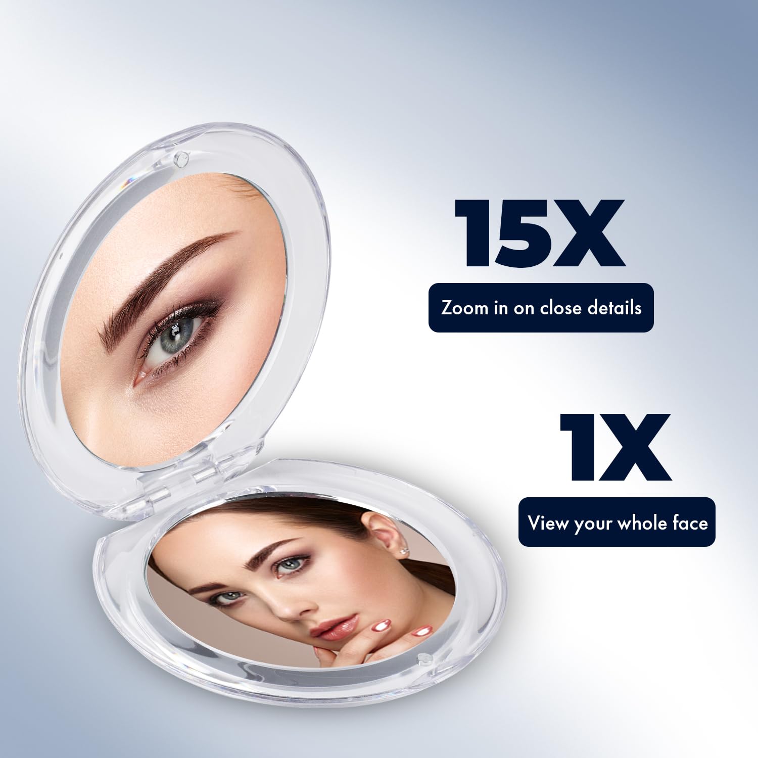 MIRRORVANA Small Compact 15X Magnifying Mirror for Travel - Handheld, Foldable & Very Lightweight - Mini Pocket-Sized Magnified Mirror for Purse - Round 3.3” Diameter