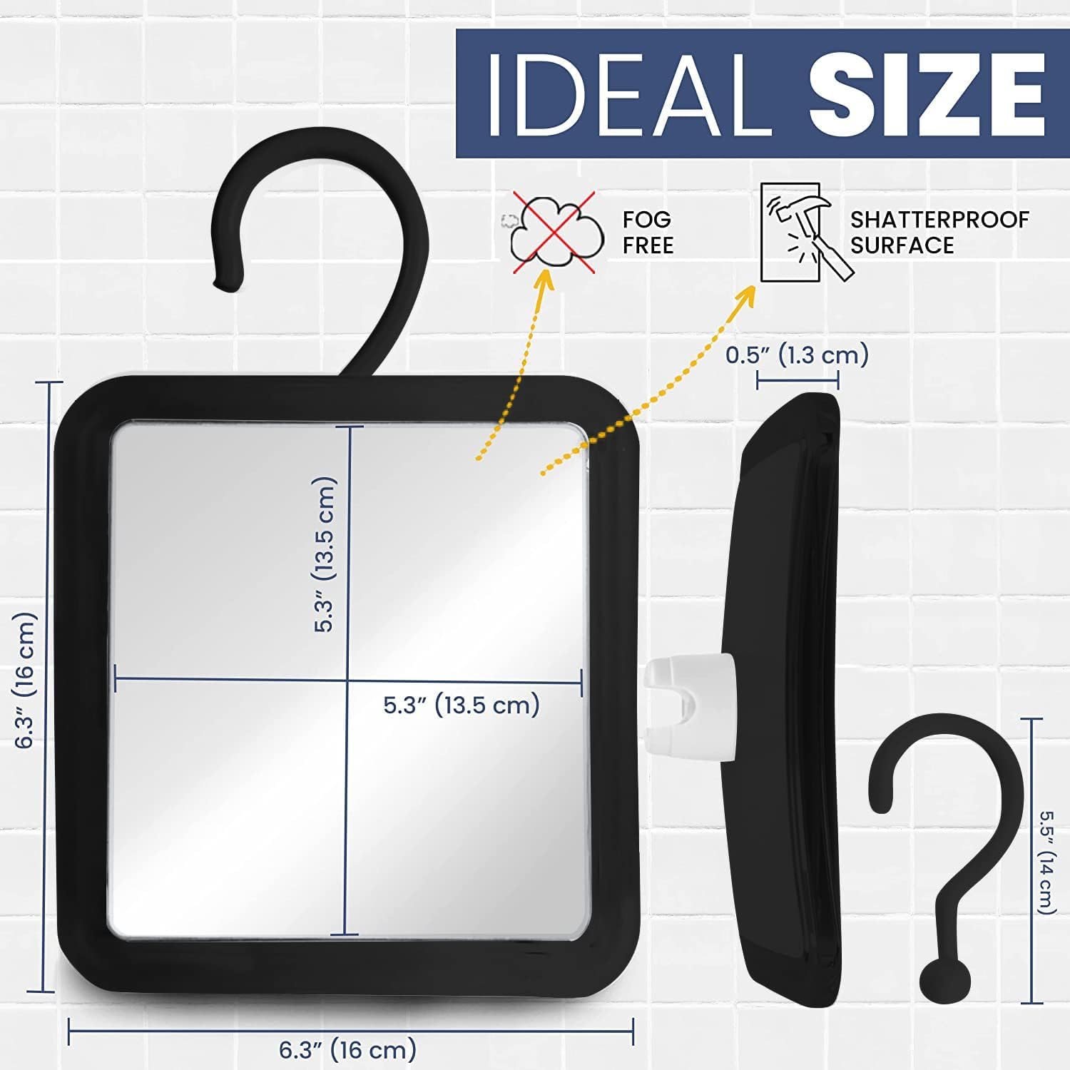 MIRRORVANA Hanging Fogless Shower Mirror for Shaving with 360° Rotatable Swivel Hook - Anti Fog and Shatterproof 6.3" x 6.3" Surface (Black)