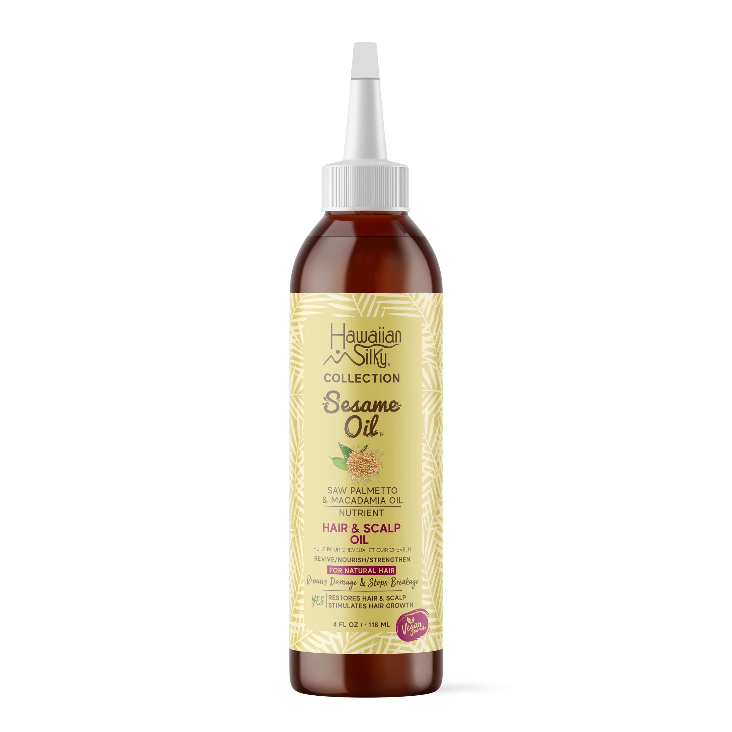 Hawaiian Silky Vegan Sesame Oil Nutrient Pure oil with Saw Palmetto & Macadamia Oil 4 FL OZ - Hydrate, Strengthen & Protect for all Hair Types