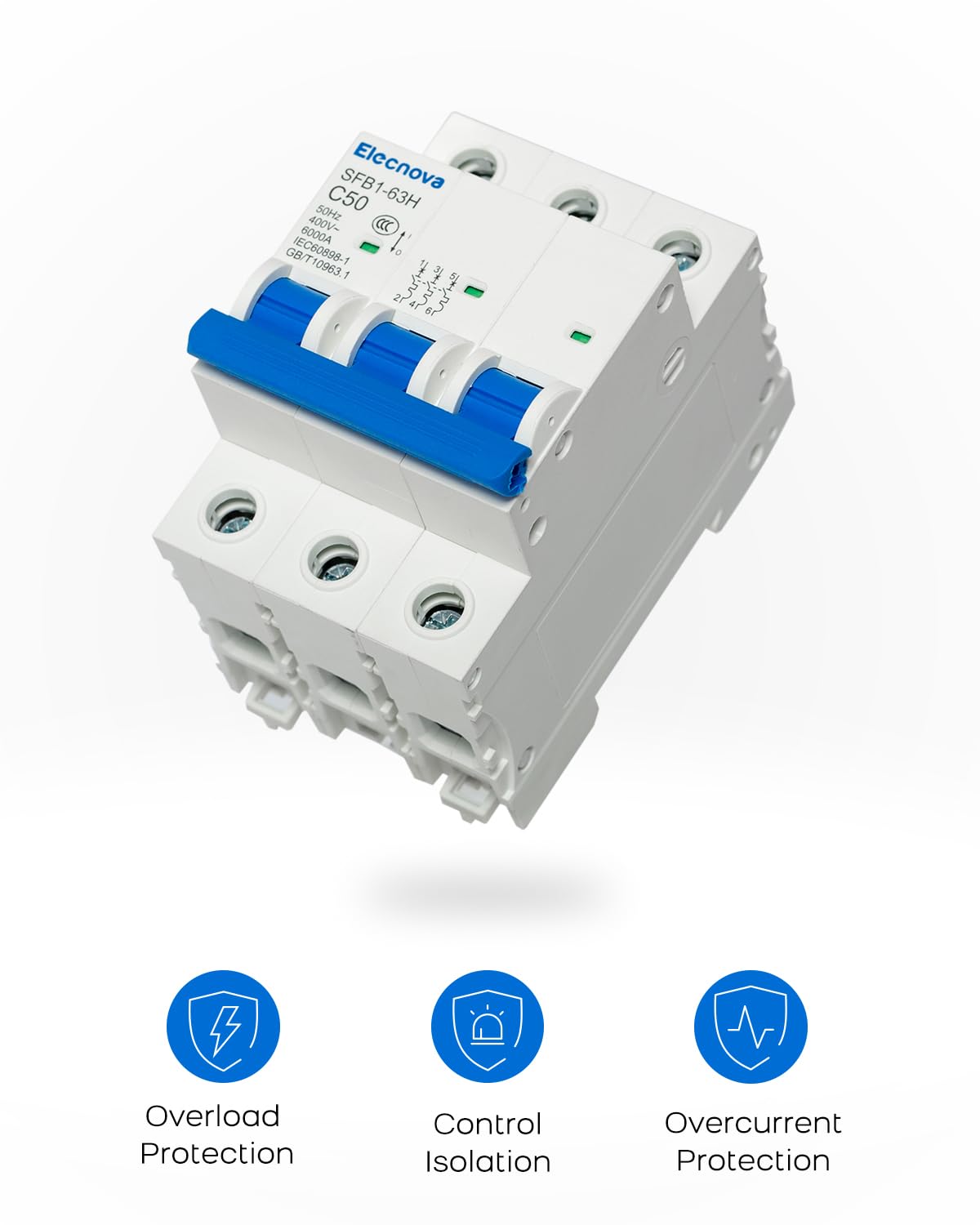 Elecnova 6-63A Miniature Circuit Breaker, AC 3 Pole 400V, DIN Rail Mounted 50 amp Breaker, Thermal Magnetic Trip, 110V / 120V Available, Overload, Short-Circuit Protection