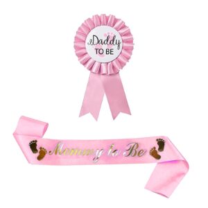 naokboee 2 packs pink baby shower mommy to be sash and daddy to be badge, baby shower baby gender reveal party supplies decorations gift