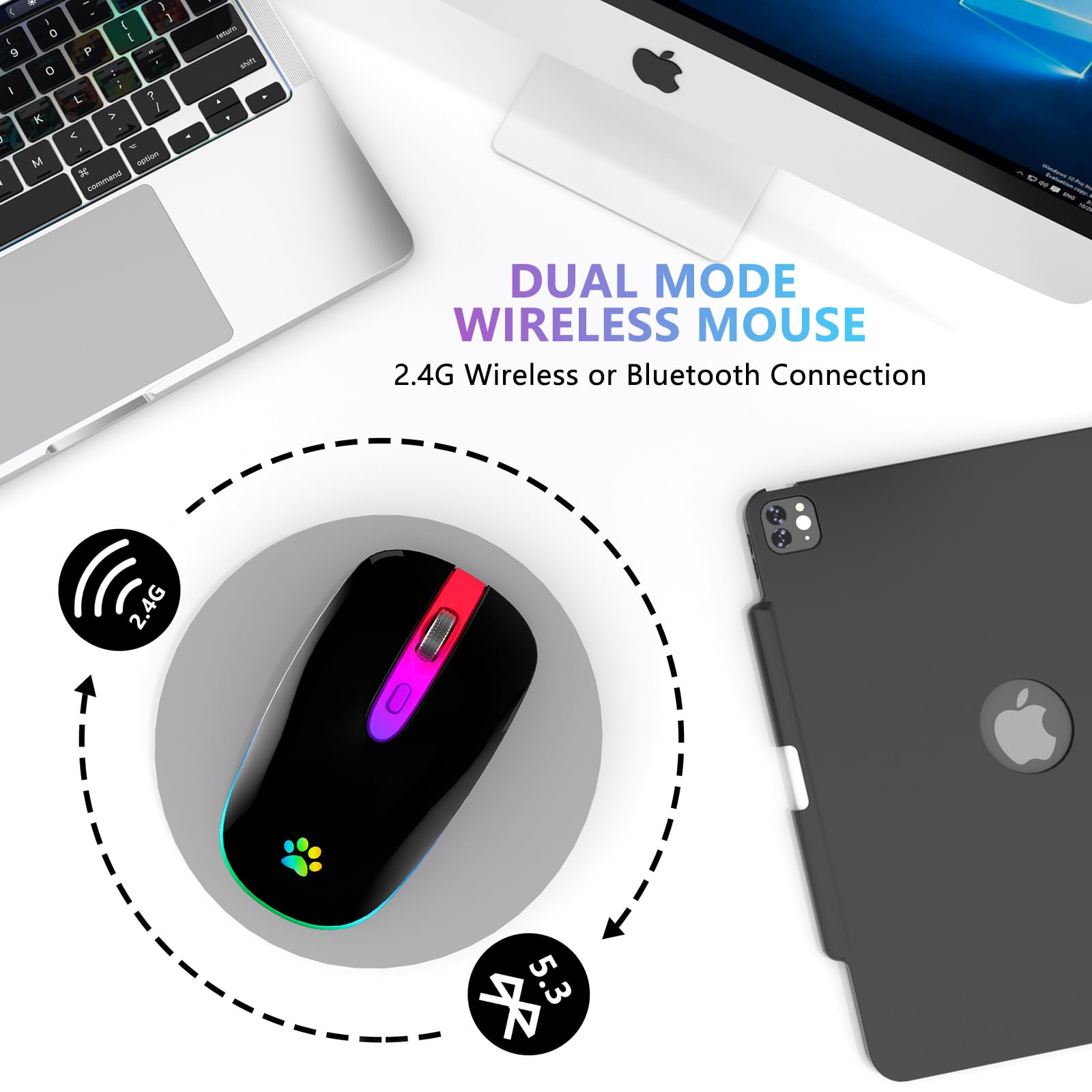 FUWANG Wireless Mouse, Rechargeable LED Wireless Bluetooth Mouse,Portable USB Optical 2.4G Wireless Bluetooth Two Mode Computer Mice with USB & Type-c Receiver(Black)