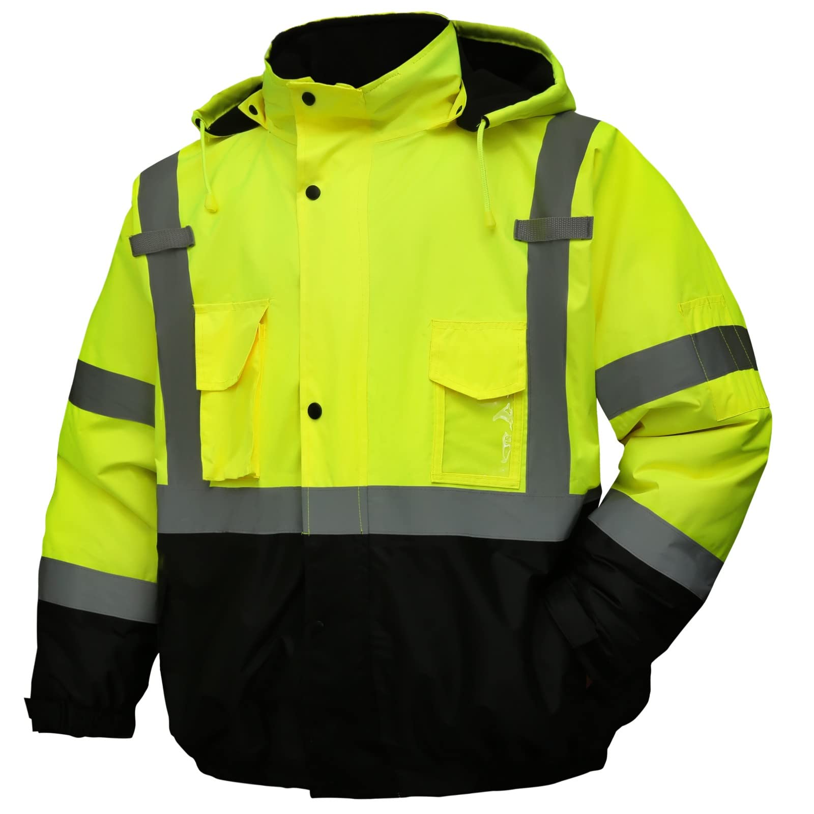 DPSAFETY safety jacket for men, Reflective high Visibility Hooded jacket, Hi-Vis Bomber Jacket with Pockets and Zipper, waterproof, Black Bottom, ANSI/ISEA 107-2020 Type R Class 3,Lime