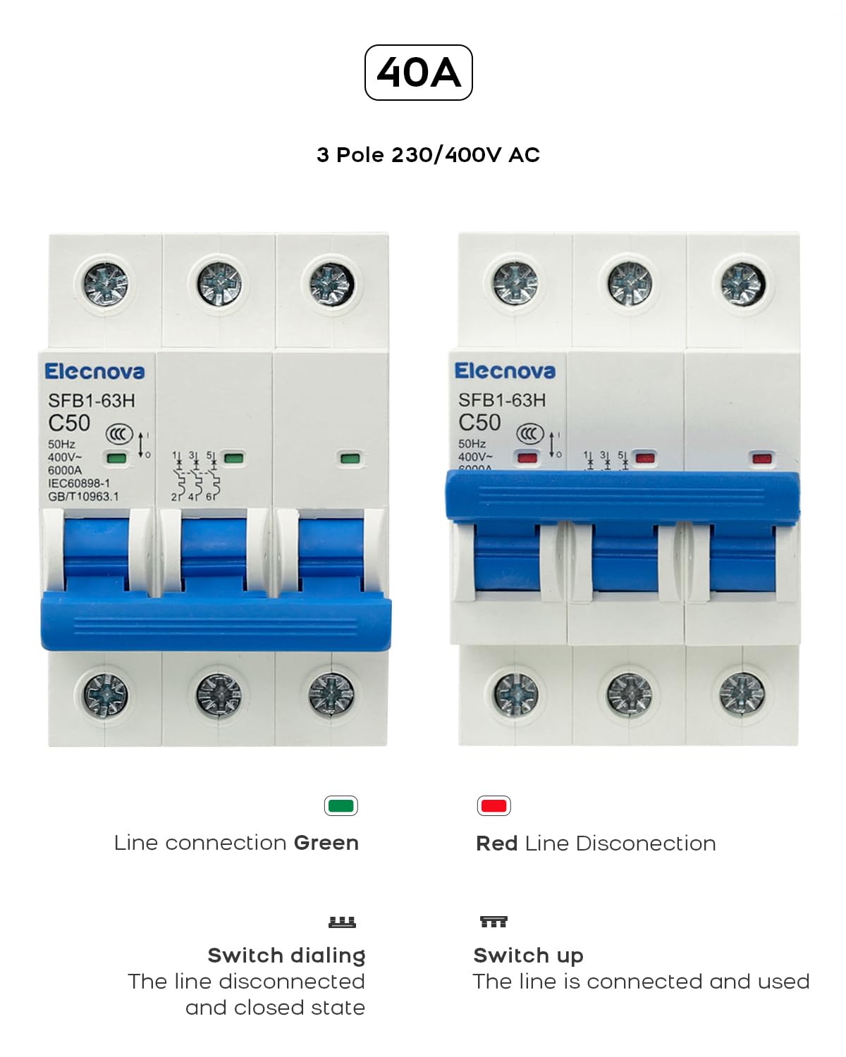 Elecnova 6-63A Miniature Circuit Breaker, AC 3 Pole 400V, DIN Rail Mounted 40 amp Breaker, Overload, Short-Circuit Protection, 110V / 120V Available, MCB