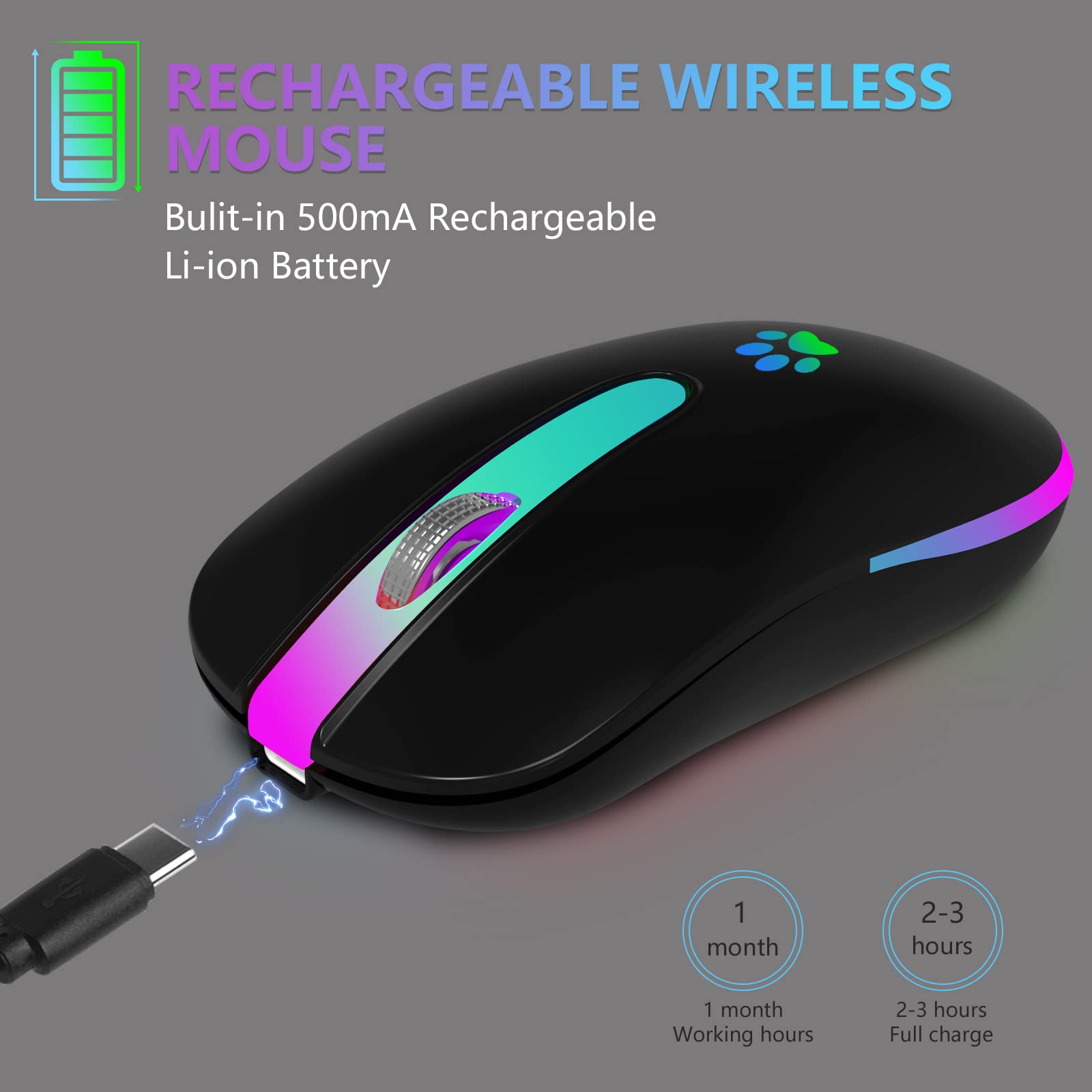 FUWANG Wireless Mouse, Rechargeable LED Wireless Bluetooth Mouse,Portable USB Optical 2.4G Wireless Bluetooth Two Mode Computer Mice with USB & Type-c Receiver(Black)