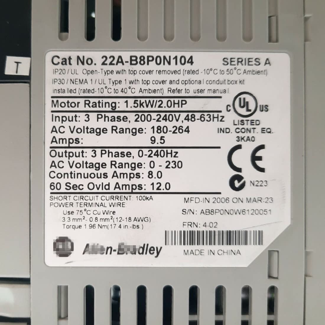 22A-B8P0N104 PowerFlex 4 AC Drive 240V 1.5KW VFD Sealed in Box 1 Year Warranty