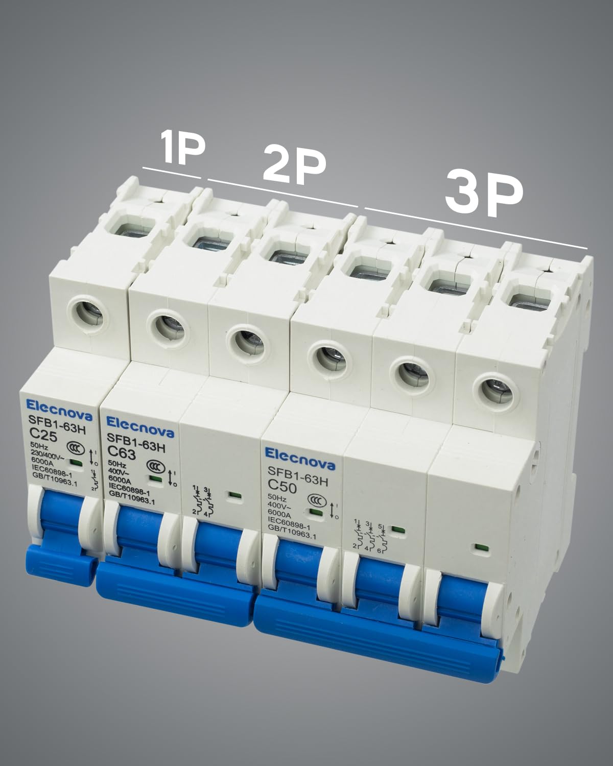 Elecnova 6-63A Miniature Circuit Breaker, AC 3 Pole 400V, DIN Rail Mounted 50 amp Breaker, Thermal Magnetic Trip, 110V / 120V Available, Overload, Short-Circuit Protection