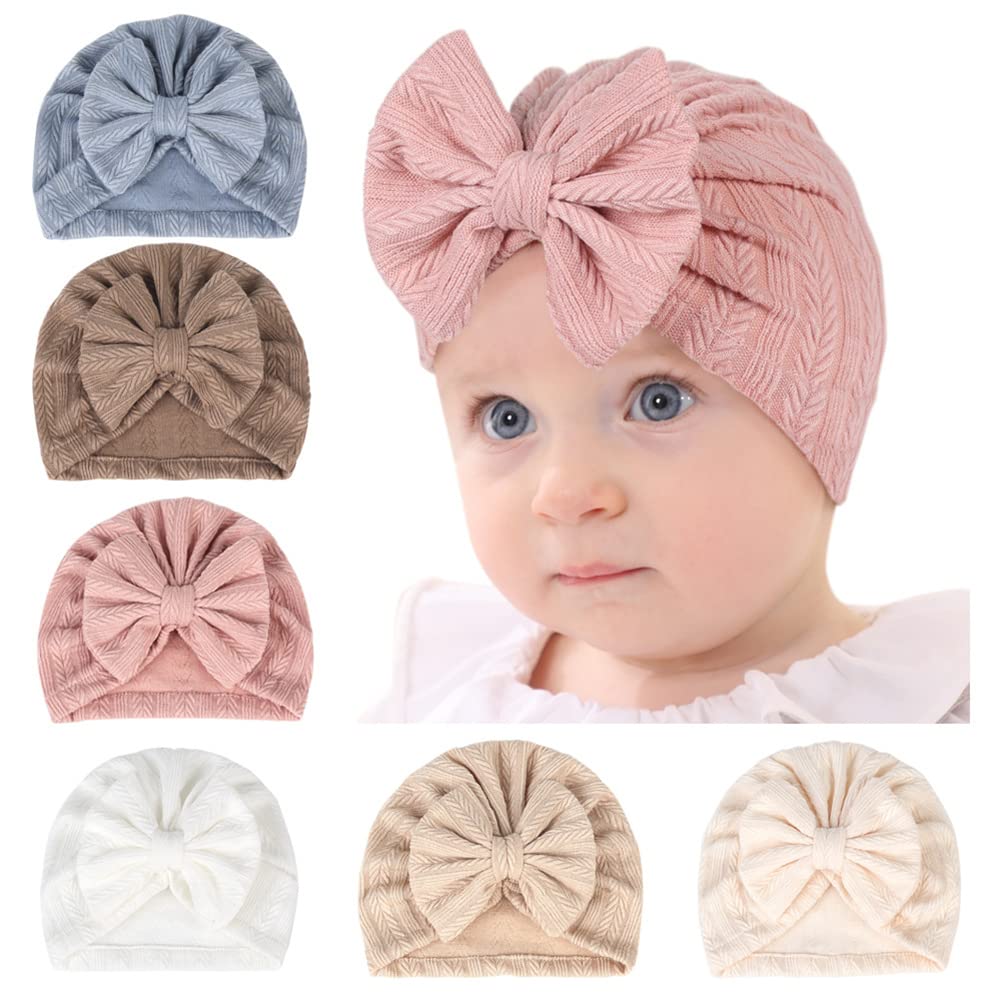 QandSweet 0-24 Months Newborn Girls' Hats Cotton and Linen Cap Infant Big Bow Hat Baby Shower (6 Pack)