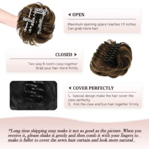 RUWISS Claw Clip Messy Bun Hair Piece Real Human Hair Buns Wavy Curly Chignon Hair Bun Extensions Tousled Updo Hair Buns Claw Clip Ponytail Hairpieces (Dark Brown with Golden Blonde)