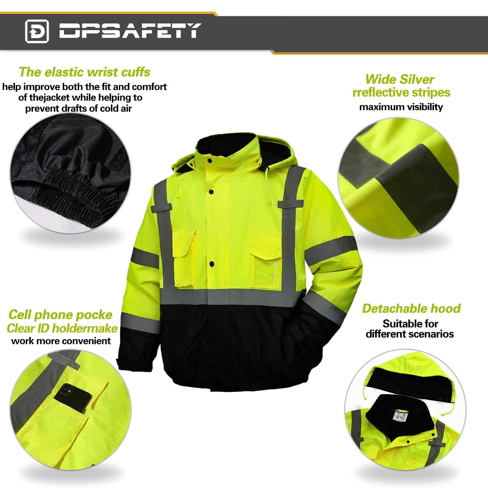 DPSAFETY safety jacket for men, Reflective high Visibility Hooded jacket, Hi-Vis Bomber Jacket with Pockets and Zipper, waterproof, Black Bottom, ANSI/ISEA 107-2020 Type R Class 3,Lime