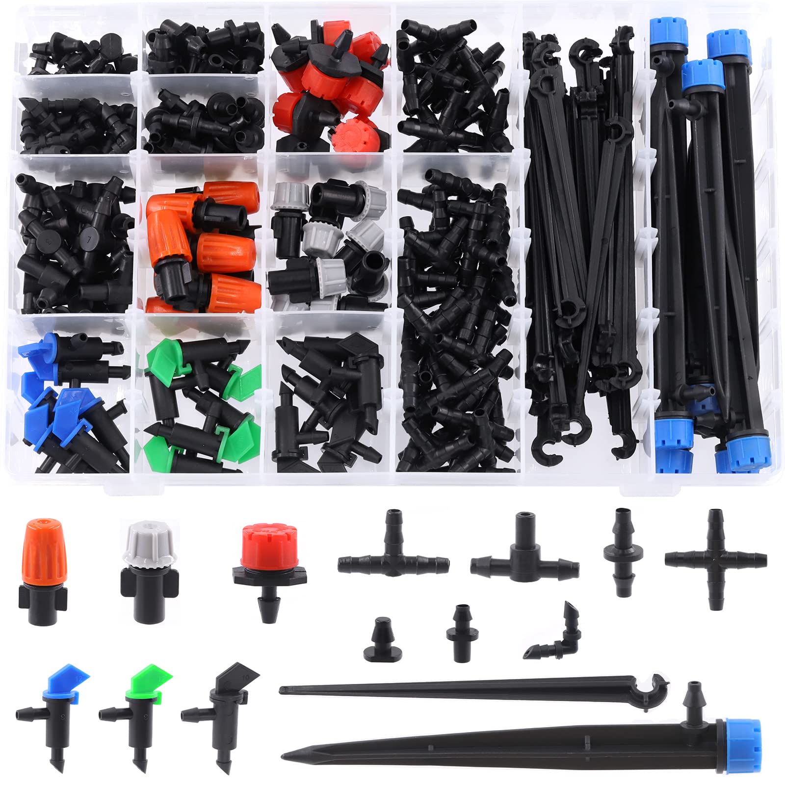 Tanstic 240Pcs Barbed Connectors Drip Irrigation Fittings Kit, Including Single Barbs, Straight Barbs, Tees, Switch Valve, Elbows, End Plug, Hose Stakes, 4-Way Coupling for Sprinkler Drip Systems