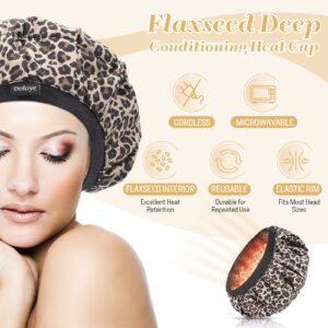 Flaxseed Deep Conditioning Heat Cap - Boloye Cordless 100% Safe Microwave Hot Cap for Natural Curly Textured Hair Care, Drying, Styling, Curling, Universal size (10 PCS One-time shower cap) (Leopard)