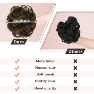 RUWISS Claw Clip Messy Bun Hair Piece Real Human Hair Buns Wavy Curly Chignon Hair Bun Extensions Tousled Updo Hair Buns Claw Clip Ponytail Hairpieces (Dark Brown with Golden Blonde)