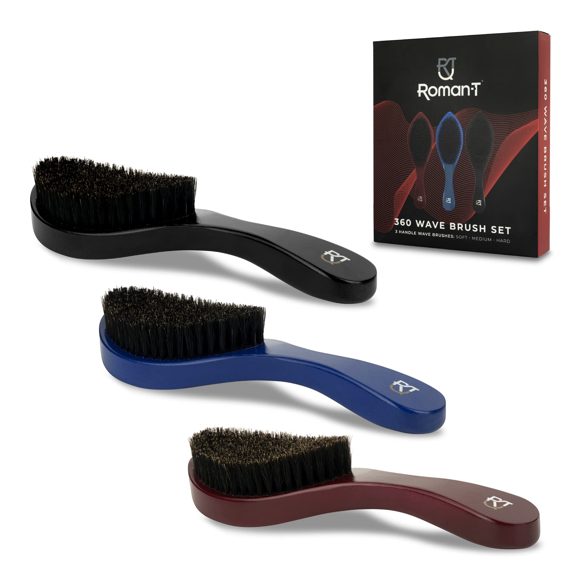 Roman-T Men's 360 Wave Brush Set - Three Handle Brushes for 360 Waves (Soft, Medium & Hard) - Grooming Gift Set