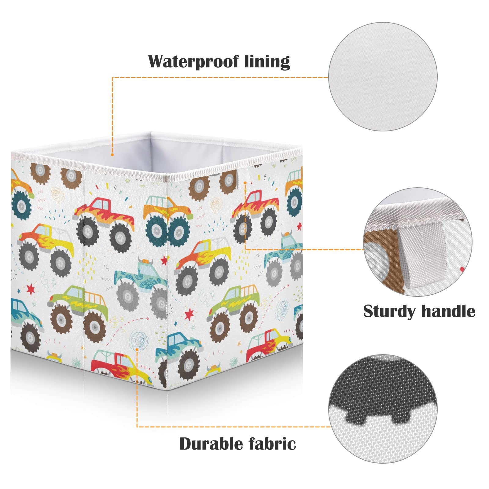 Emelivor Kids Doodle Monster Truck Cube Storage Bin Foldable Storage Cubes Waterproof Toy Basket for Cube Organizer Bins for Kids Girls Boys Toys Book Office Home Shelf Closet - 11.02x11.02x11.02 IN