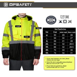 DPSAFETY safety jacket for men, Reflective high Visibility Hooded jacket, Hi-Vis Bomber Jacket with Pockets and Zipper, waterproof, Black Bottom, ANSI/ISEA 107-2020 Type R Class 3,Lime