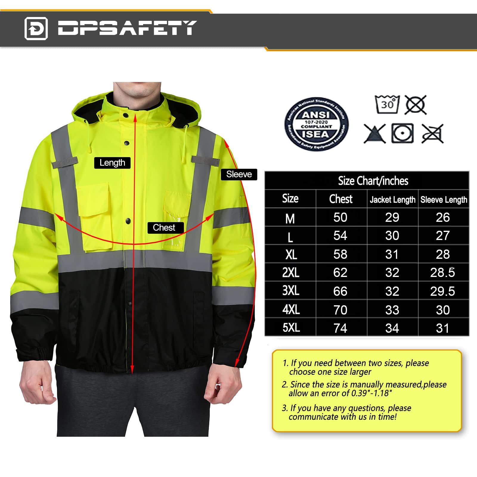 DPSAFETY safety jacket for men, Reflective high Visibility Hooded jacket, Hi-Vis Bomber Jacket with Pockets and Zipper, waterproof, Black Bottom, ANSI/ISEA 107-2020 Type R Class 3,Lime