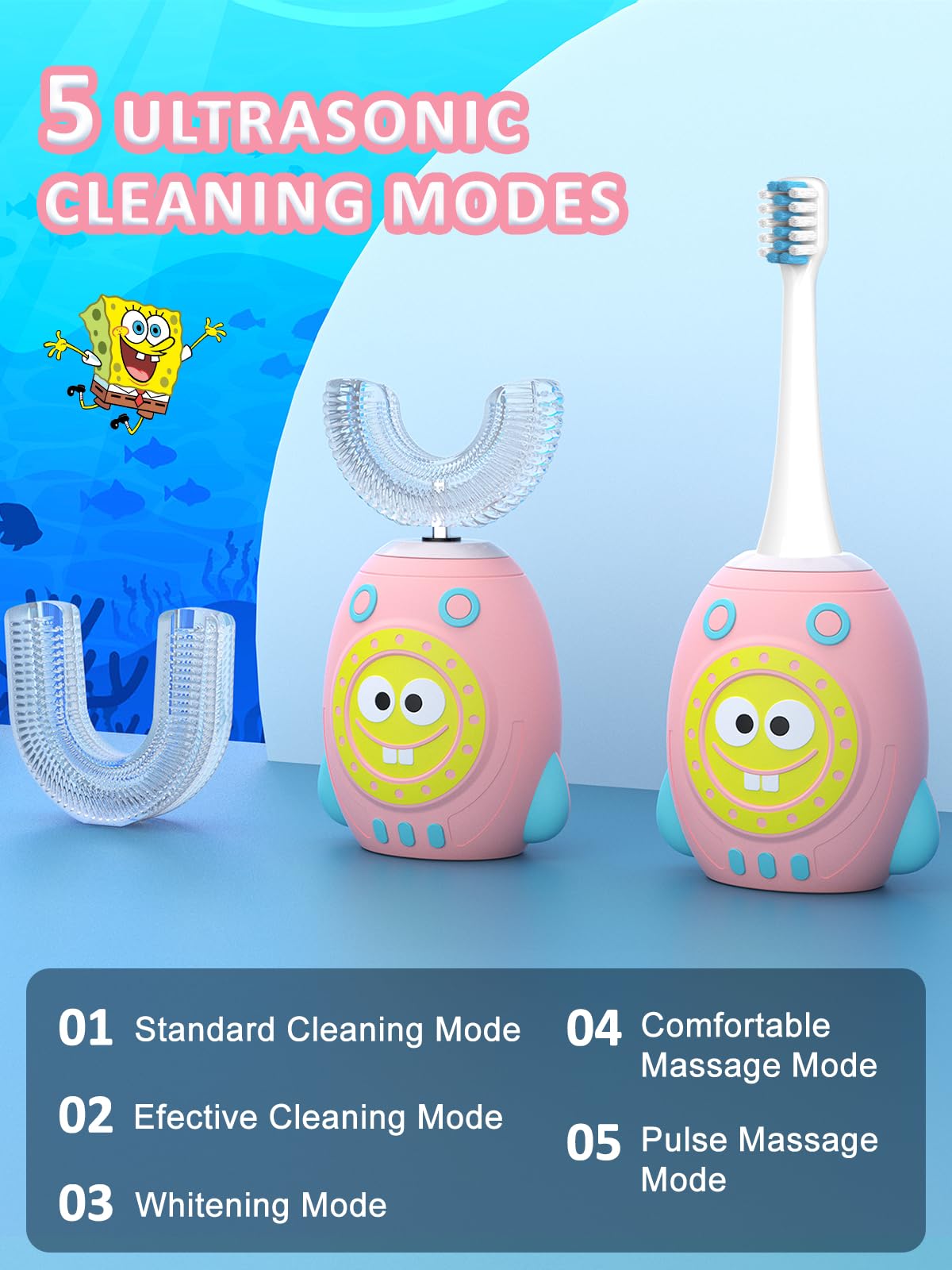 FTOYIN Kids U Shaped Electric Toothbrush, Kids Electric Toothbrushes with 5 Modes, Sonic Toothbrush Kids IPX7 Waterpoof with 3 Brush Heads, 360° Automatic Toothbrush Kids for Age 2-12