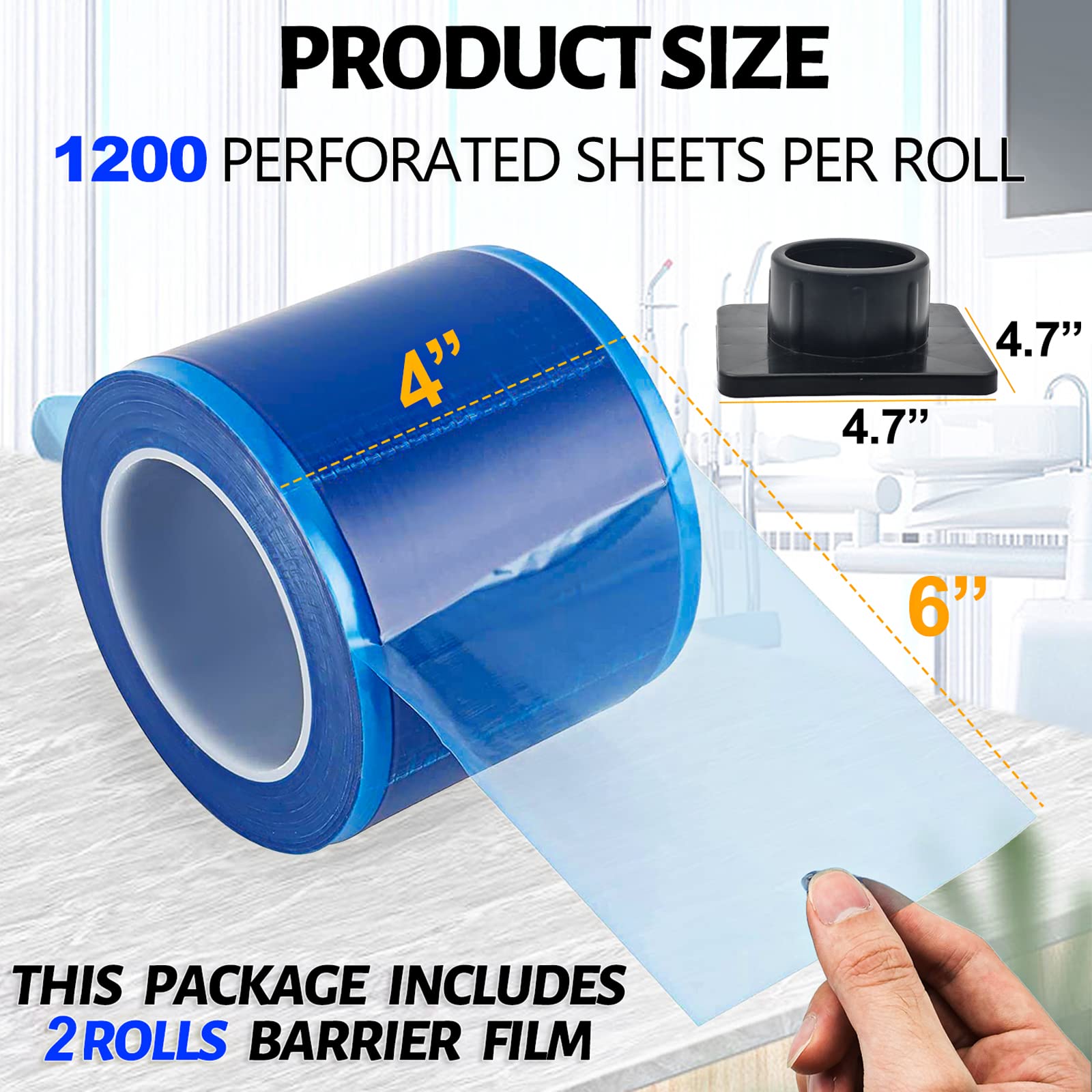 2 Rolls Barrier Film Tattoo Barrier Tape with Dispenser Box, 4" x 6" Dental Plastic Sheets Perforated Protective Pe Film Disposable -1 Roll of 1200 Sheets - Blue