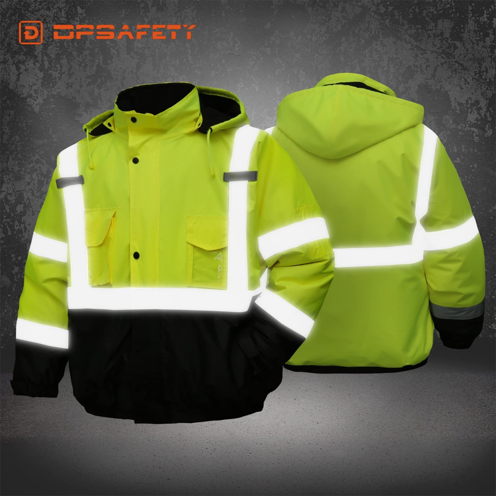 DPSAFETY safety jacket for men, Reflective high Visibility Hooded jacket, Hi-Vis Bomber Jacket with Pockets and Zipper, waterproof, Black Bottom, ANSI/ISEA 107-2020 Type R Class 3,Lime