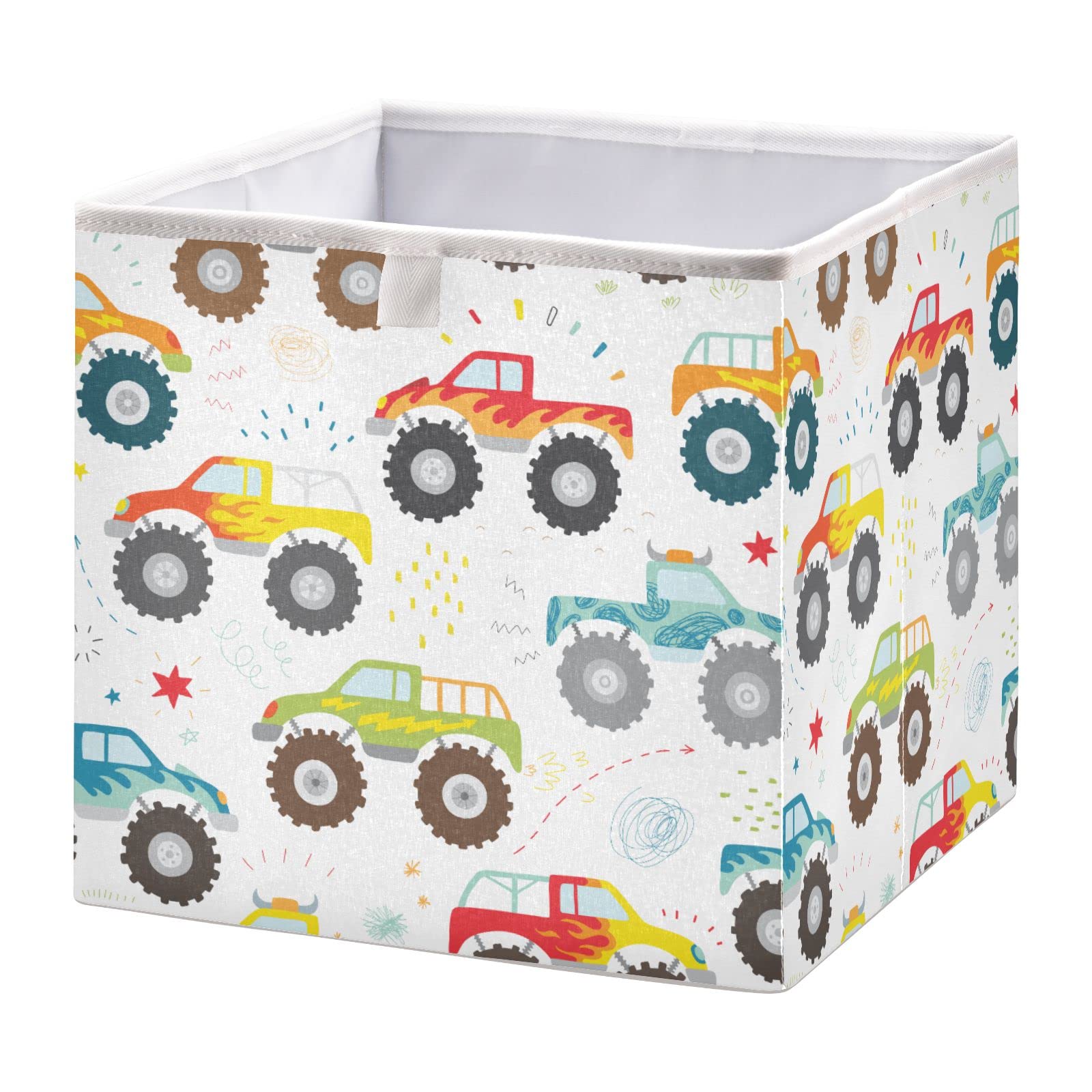 Emelivor Kids Doodle Monster Truck Cube Storage Bin Foldable Storage Cubes Waterproof Toy Basket for Cube Organizer Bins for Kids Girls Boys Toys Book Office Home Shelf Closet - 11.02x11.02x11.02 IN