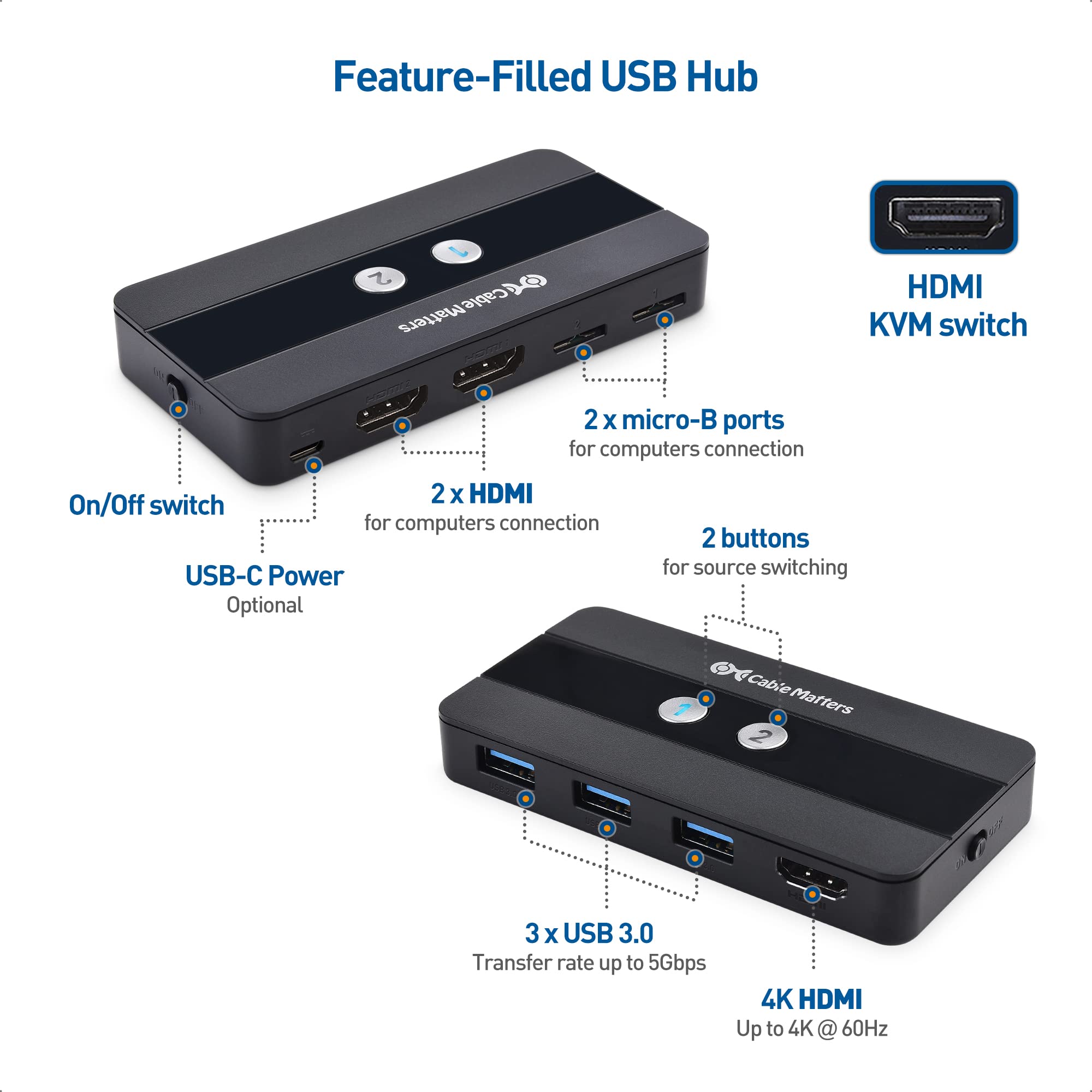 Cable Matters USB 3.0 KVM Switch HDMI 4K@60Hz for 2 Computers, HDMI KVM Switch 2 Port, KVM Switches (KVM HDMI Switch) with 4K 60 Hz HDMI Video & 3X 5Gbps USB Ports - RF Remote Control Switch