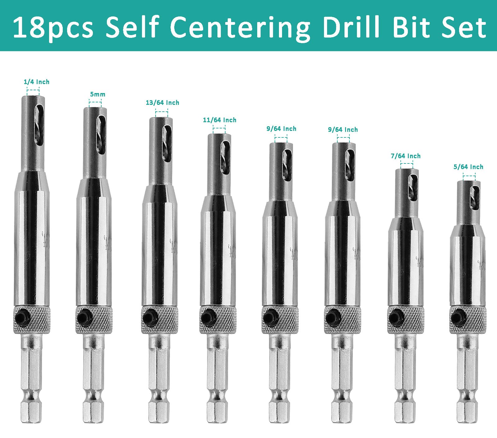 Aracombie 17pcs Self Centering Drill Bit Set for Metal Woodworking, 8 Sizes 1/4 Inch Hex Shank Vix-Bit Self-Centering Bits Hinge Centering Tool with Hex Key & 8 Replacement Drill Bits, 5/64-1/4 Inches