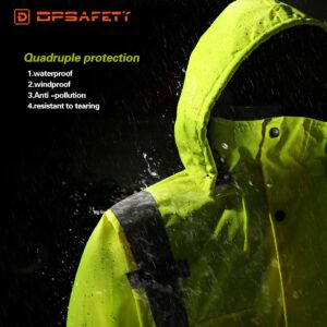 DPSAFETY safety jacket for men, Reflective high Visibility Hooded jacket, Hi-Vis Bomber Jacket with Pockets and Zipper, waterproof, Black Bottom, ANSI/ISEA 107-2020 Type R Class 3,Lime