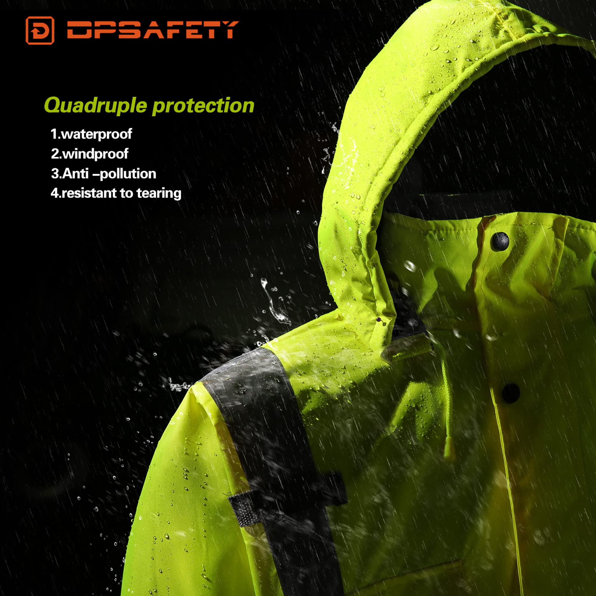 DPSAFETY safety jacket for men, Reflective high Visibility Hooded jacket, Hi-Vis Bomber Jacket with Pockets and Zipper, waterproof, Black Bottom, ANSI/ISEA 107-2020 Type R Class 3,Lime