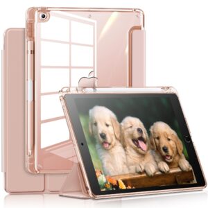 infiland case compatible with ipad 9th /8th /7th generation case(2021/2020/2019),【ultra-clear back & pu leather cover】【6 ft drop protection】 ipad 10.2 inch with ipencil holder-clear silver