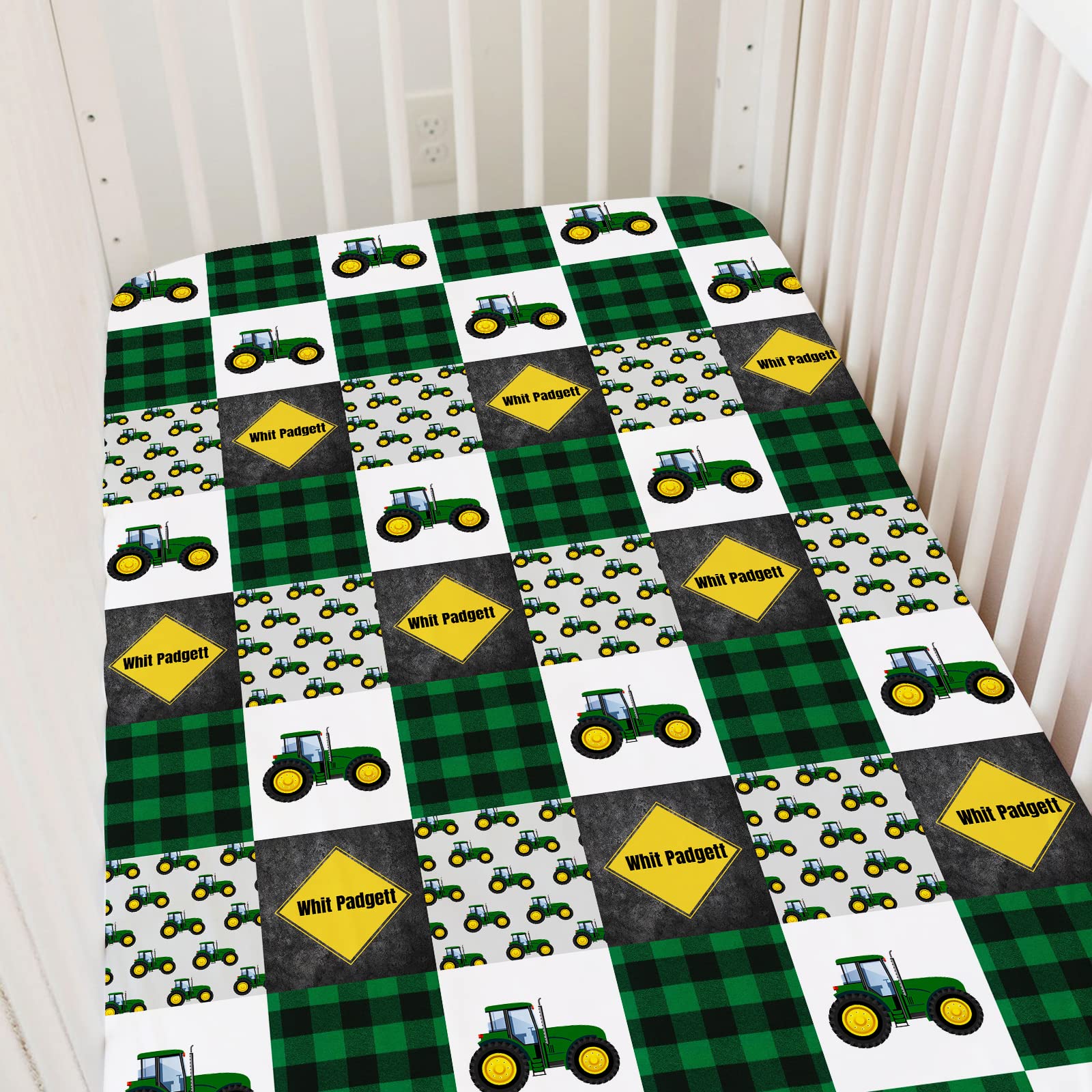 Personalized Green Tractors Baby Crib Sheets with Name, Custom Farm Crib Mattress Sheets for Baby Girls Boys, Fitted Crib Bedding Sheets, Pack and Play Sheets, Mini Crib Sheet | Name Crib Sheets