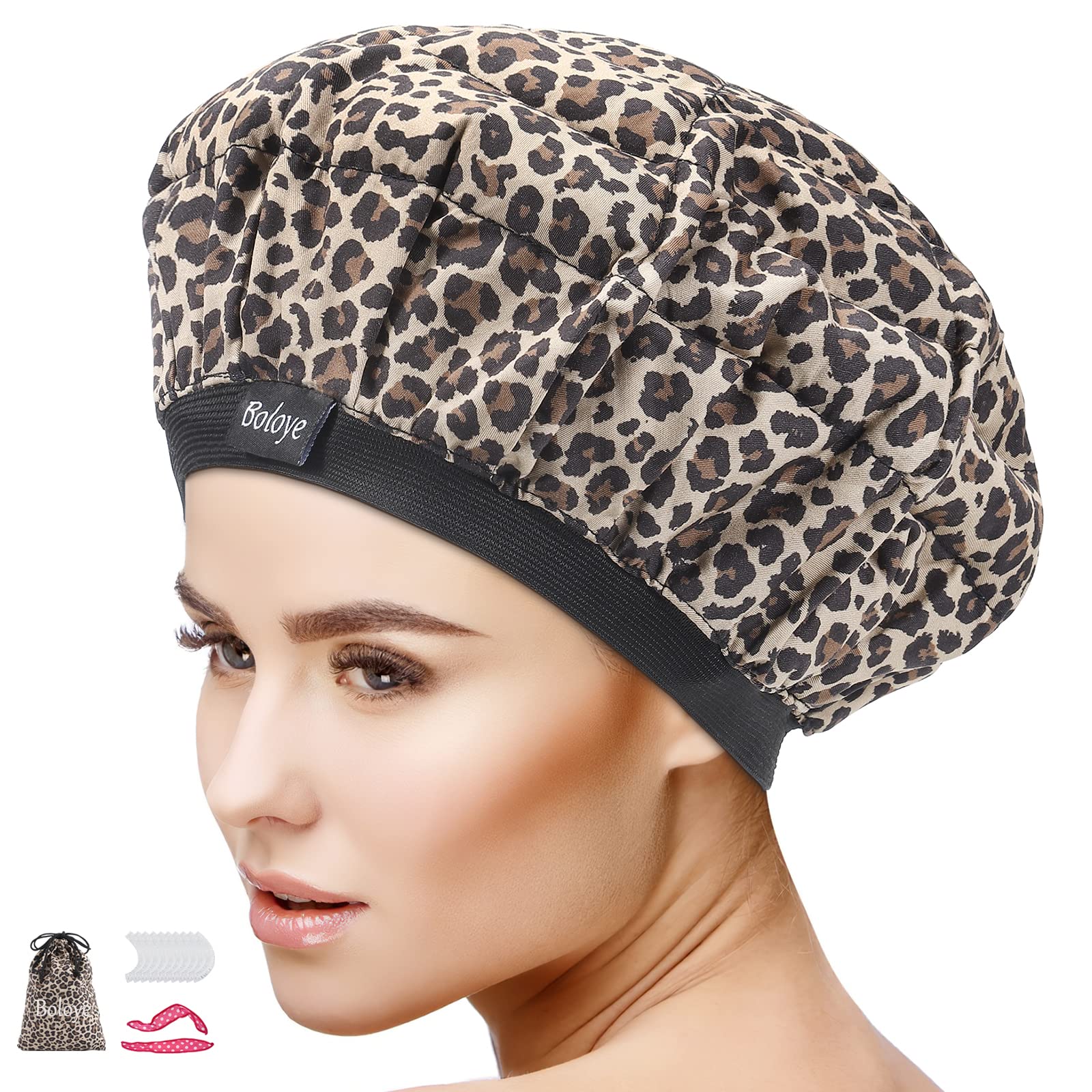 Flaxseed Deep Conditioning Heat Cap - Boloye Cordless 100% Safe Microwave Hot Cap for Natural Curly Textured Hair Care, Drying, Styling, Curling, Universal size (10 PCS One-time shower cap) (Leopard)